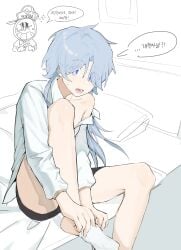 bana_gameg blue_eyes blue_hair femboy getting_dressed misha_(honkai:_star_rail) soft_skin soft_thighs surprised twink underwear