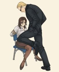 albert_wesker cry4anne dead_by_daylight dominant_male fully_clothed hand_in_pocket knee_between_legs male male/female office_lady over_clothes resident_evil self_insert sunglasses tied_arms tied_to_chair tied_up