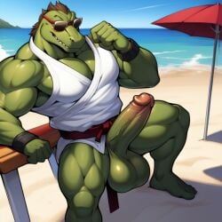 1boy 1furry 1male ai_generated alligator anthro beach big_balls big_penis brutal_paws_of_fury crocodile crocodilian erection frosting.ai furry furry_balls furry_male furry_only furry_penis gay gay_male green_body karate_croc male male_focus male_only muscle muscles muscular muscular_anthro muscular_male red_eyes reptile reptile_humanoid smiling solo solo_focus solo_male sugar1989 sunglasses sunglasses_on_head video_game video_game_character