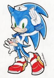 dick erection furry green_eyes hedgehog misshiirin mobian_(species) no_pants penis precum sailor_outfit salute saluting sneakers sonic_the_hedgehog sonic_the_hedgehog_(series) standing traditional_media_(artwork)