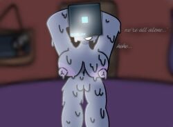 blurred_background dialogue gray_body masked_female nipple_bulge roblox robloxian sweaty_body text