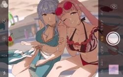 2girls bare_shoulders beach_mat bikini blue_bikini blue_hair blue_sarong blunt_bangs bottle braid breasts brown_eyes cleavage collarbone cross-laced_bikini cross-laced_clothes crown_braid eyewear_on_head fire_emblem fire_emblem:_three_houses fire_emblem_heroes frilled_bikini frills grin halterneck hilda_valentine_goneril hilda_valentine_goneril_(summer) holding_another's_arm large_breasts long_hair long_sidelocks looking_at_viewer marianne_von_edmund marianne_von_edmund_(summer) medium_breasts multiple_girls official_alternate_costume one_eye_closed pink-tinted_eyewear pink_bikini pink_eyes pink_hair pool-skirt red_bikini round_eyewear sarong selfie selfie_stick sitting skirt smile source_request swimsuit tagme tinted_eyewear twintails video viewfinder wholesome zv6dllrzu725132