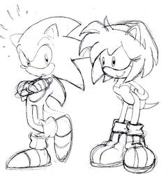 amy_rose anthro boots casual ccn female footwear fur hands_behind_back handwear handwear_and_footwear_only hedgehog looking_aside looking_at_another male monochrome mostly_nude sega shoes short_hair simple_background smile sonic_(series) sonic_style sonic_the_hedgehog standing straight_hair tagme toony white_background