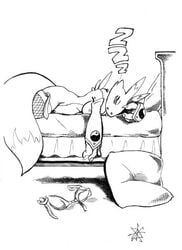 2004 anthro bandai_namco bed black_and_white breasts comic digimon female female_only fur furry indoors lying monochrome on_front renamon renamon_fantasy_self_indulgence sawblade_(artist) side_view sleeping solo