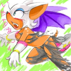 1girls bat blushing bodysuit female flying manaita no_bra rouge_the_bat sega sonic_(series) sonic_riders straight_hair tagme torn_clothes torn_clothing translation_request wing