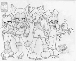 amy_rose anthro bat breast_outside chao_(sonic) clothes cream_the_rabbit dress_lift echidna female fur hedgehog interspecies mammal monochrome monotreme multiple_females panties_around_leg rabbit rouge_the_bat rouge_the_bat_(heroes) sega short_hair sonic_(series) sonic_heroes standing straight_hair tikal_the_echidna