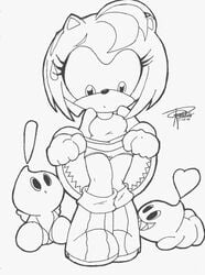 amy_rose anthro chao_(sonic) clothes drs female female_only feral fur hedgehog interspecies lying mammal monochrome on_front sega short_hair sitting size_difference skirt_lift solo sonic_(series) standing