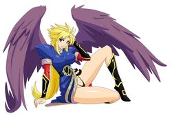 black_panties blonde_hair boots breasts breath_of_fire breath_of_fire_ii clothing costume devil-v dress dress_aside erect_nipples erect_nipples_under_clothes green_eyes hand_on_head large_breasts leaning_on_hand legs long_hair mullet nina_(breath_of_fire_ii) panties purple_wings sitting slit_dress thong tight_clothing wings