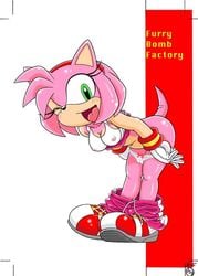 1girls amy_rose beige_skin bent_over blush breasts color erect_nipples female female_only fur furry furry_bomb green_eyes hedgehog mitsuharu_takura panties_down pants_down panty_pull pink_fur sega shirt_lift skin smiling solo sonic_(series) sonic_riders straight_hair undressing wink