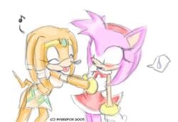 2005 amy_rose anthro blush dated echidna female fur groping hedgehog sega sonic_(series) straight_hair syberfox tikal_the_echidna white_background yuri