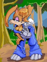 1girls archie_comics bedroom_eyes bending_over bunnie_rabbot cybernetic_arm cybernetic_legs female forest forest_background hand_on_knee kandlin overalls sonic_(series) sonic_satam sonic_the_hedgehog_(archie) sonic_the_hedgehog_(comics) straight_hair sweat sweatdrops tagme tan_fur tugging_clothing white_tail