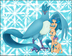 2girls anabel_(pokemon) articuno articuno_(cosplay) blue_background blue_hair blue_theme cosplay female female_only frontier_brain human kris_(pokemon) legendary_pokemon nintendo pokémon_(species) pokemon pokemon_(cosplay) pokemon_(species) pokemon_gsc pokemon_rgby pokemon_rse purple_hair rosvo snowflake_background