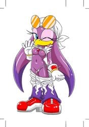 anthro bandana beak bird blue_eyes breasts female female_only furry furry_bomb gloves jewelry lift mitsuharu_takura necklace nipples pussy shirt simple_background solo sonic_(series) sonic_riders straight_hair sunglasses swallow tongue undressing wave_the_swallow wink