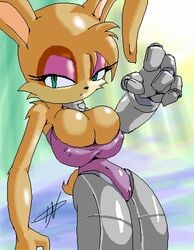 1girls archie_comics big_breasts breasts bunnie_rabbot cybernetic_arm cybernetic_legs erected_nipples female green_eyes leotard nem pink_highlights puffy_pussy sega sonic_(series) straight_hair tan_fur