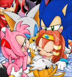 3girls amy_rose anthro cum cum_in_mouth cum_on_face doggy_style echidna erosuke fellatio female footwear fur group_sex handwear handwear_and_footwear_only hedgehog knuckles_the_echidna licking male mammal monotreme mostly_nude multiple_boys oral oral_sex penis pink_fur rouge_the_bat sega sex shadow_the_hedgehog smiling sonic_(series) sonic_the_hedgehog straight straight_hair tails tails_the_fox tikal_the_echidna