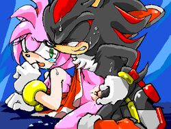 amy_rose anthro blue_background blush clothes color female footwear fur furry furry_only handwear handwear_and_footwear_only hedgehog male mammal manaita naked nude on_side penis pussy raised_leg sega sex shadow_the_hedgehog side_view sonic_(series) straight straight_hair tears uncensored