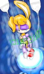 1girls archie_comics bending_ear breasts bunnie_rabbot closed_eyes crying cybernetic_arm cybernetic_leg english_text female leotard nipple partially_clothed partially_clothed_female partially_roboticized purple_highlights pussy sega sonic_(series) straight_hair tagme wires