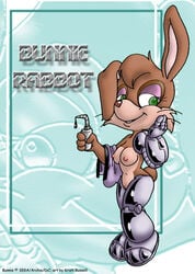 1girls archie_comics brainsister breasts brown_fur brown_tail bunnie_rabbot bunny cybernetic_arm cybernetic_legs female green_eyes leotard leotard_on_arm leotard_removed nipple oil pussy rabbit sega sonic_(series) straight_hair tan_fur