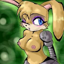 1girls archie_comics bending_ear blue_eyes breasts bunnie_rabbot bunny cybernetic_arm cybernetic_hip female green_background nipples one_eye_closed purple_highlights rabbit sonic_(series) straight_hair tagme yellow_fur