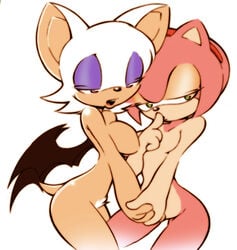 amy_rose anthro ass big-e6 breasts completely_nude completely_nude_female female female_only fur furry hand_holding hedgehog multiple_females nude pubic_hair rouge_the_bat sega sonic_(series) sonic_the_hedgehog yuri