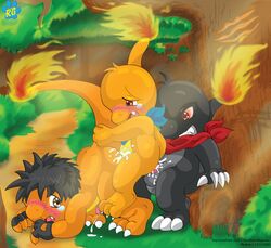 2006 anthro blush buggery charmander color fire furry male male_only multiple_males nintendo pokémon_(species) pokemon pokemon_rgby raukue tail teeth yaoi