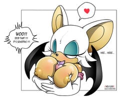 1boy 1girls alternate_breast_size anthro big_breasts breasts color dialogue english_text female happy happy_paizuri happy_sex heart jiky large_breasts licking licking_penis male_urethral_insertion paizuri paizuri_lead_by_female penis_lick rouge_the_bat sega smile sonic_(series) straight sweatdrop text urethral_insertion urethral_licking urethral_tonguing