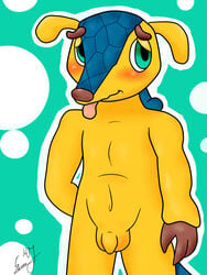 1boy 2013 anthro armadillo balls blush cute fifa flaccid fuleco green_eyes looking_at_viewer male male_only mascot mundiela nude penis plain_background solo zekromlover