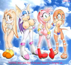 2004 2d 4girls aged_up amy_rose anthro ass bare_shoulders bat belly belly_button bottomless breasts cloud color covering cream_the_rabbit cute dated echidna exposed_torso female female_focus female_only footwear fur furry furry_only handwear hedgehog hips hourglass_figure innie interspecies large_breasts leggings light-skinned_female looking_aside mammal mobian mobian_(species) mobian_echidna monotreme multiple_females multiple_girls naked_footwear naked_with_shoes_on nude nude_female pussy rabbit rouge_the_bat sega skinny sky_background sonic_(series) sonic_adventure sonic_the_hedgehog_(series) standing straight_hair text thefuckingdevil tikal_the_echidna virgin watermark