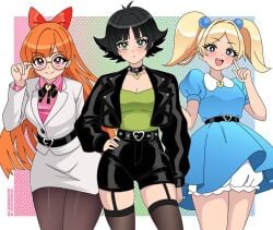 3girls black_hair black_jacket blonde_hair blossom_(powerpuff_girls) blue_dress bubbles_(powerpuff_girls) buttercup_(powerpuff_girls) dress garter_straps glasses green_shirt jacket leather_clothing leather_jacket leather_shorts nicolasgravelqc orange_hair pantyhose powerpuff_girls red_bow red_shirt shirt stockings superheroine twintails white_dress white_jacket