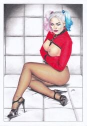 1girls bondage bound breasts_out dc_comics female female_only femsub harley_quinn high_heels margot_robbie pantyhose realistic sitting straitjacket suicide_squad tim_grayson