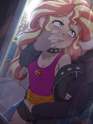 1boy 1girls blush clothed equestria_girls finger_in_mouth fingering hasbro human_male looking_back multiple_piercings my_little_pony open_mouth rockset spiked_collar sunset_shimmer tongue_out