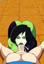 ai_generated all_fours black_hair civitai cum fellatio gloves green_eyes green_outfit kim_possible long_hair pov_blowjob pov_hands shego