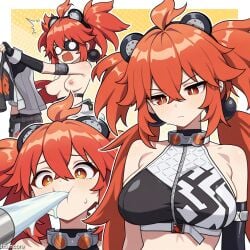 (titancore) ai_generated bear_ears comic_panel drinking female forced_feeding koleda_belobog long_hair milk multiple_girls red_hair shocked_expression small_breasts twintails video_game_character zenless_zone_zero