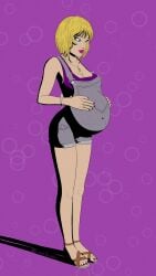 1girls blonde_female blonde_hair blonde_woman blue_eyes bracelet casual clothed clothing cobaltscribbler crop_top female female_only fingernail_polish fingernails gwen_stacy gwen_stacy_(classic) jewelry lipstick marvel marvel_comics necklace overalls preg pregnancy pregnant pregnant_belly pregnant_female pregnant_woman purple_clothing purple_outfit ring sandals short_hair shorts smiling solo spider-man_(series) toenail_polish toes ultimate_spider-man wedding_ring wholesome