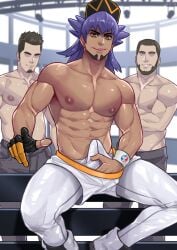 3boys abs beard bulge erection erection_under_clothes facial_hair glove hand_on_penis legs_apart leon_(pokemon) looking_at_viewer looking_down looking_down_at_viewer low-angle_view male male_only maorenc muscular nipples pecs penis pointing_at_viewer pokemon pokemon_ss purple_hair shorts shorts_pull sitting smile smiling_at_viewer solo_focus tight_clothing topless underwear wristband