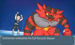 2boys battle clothed elio_(pokemon) feline flaccid furry gameplay_mechanics hud incineroar male_only muscular nintendo nosebleed nude penis pokemon pokemon_battle pokemon_sm testicles text trainer video_games welvet