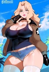 ai_generated blonde_hair denim_shorts evilkuro05 girls_und_panzer jacket kay_(girls_und_panzer) massive_breasts thiccwithaq_(ai_style) thick_hips voluptuous_female white_thighhighs