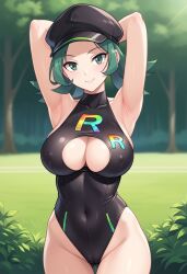 ai_generated arms_behind_head big_breasts civitai green_eyes green_hair large_breasts pokemon rocket_grunt