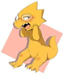 1girls 2d alphys anthro blush completely_nude completely_nude_female dinosaur doneru eyewear female female_only glasses humanoid lizard_girl lizard_humanoid monster nude nude_female open_mouth pussy sitting solo sweat teeth tongue undertale undertale_(series) video_games yellow_body