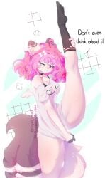 cryst_chan cryst_chan_(artist) embarrassed embarrassed_female furry original original_character pulling_shirt_down solo standing_on_one_leg standing_split