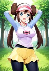 ai_generated arms_behind_head big_breasts blue_eyes brown_hair civitai headwear large_breasts leggings long_hair pokemon rosa_(pokemon) shirt skirt yellow_skirt