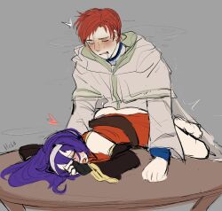 1boy 1girls ass barefoot big_ass closed_eyes dress drooling fingerless_gloves fire_emblem fire_emblem:_path_of_radiance fire_emblem:_radiant_dawn gloves hela_liebe long_hair long_sleeves mia_(fire_emblem) nintendo on_stomach on_table open_mouth orange_hair priest prone_bone purple_hair rhys_(fire_emblem) saliva saliva_trail sex short_hair table