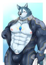 anthro blush bodily_fluids bodysuit breke_(tas) canid canine canis clothing flaccid fur genitals grey_body grey_fur hi_res ioenami88 lifewonders male mammal muscular muscular_anthro muscular_male nipples pecs penis penis_base skinsuit solo sweat tight_clothing tokyo_afterschool_summoners wolf