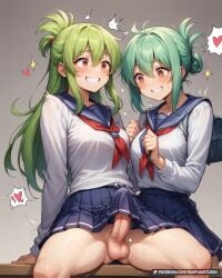 2girls ai_generated bag blue_sailor_collar blue_skirt blush breasts bulge clenched_teeth erection erection_under_clothes folded_ponytail futa_with_female futanari green_hair grin hair_between_eyes heart large_breasts long_hair long_sleeves looking_at_another medium_breasts multiple_girls neckerchief on_desk orange_eyes penis pleated_skirt red_neckerchief sailor_collar school_bag school_uniform serafuku shirt sitting skirt smile spoken_heart stable_diffusion sweat teeth testicles thighs waifuai_studio white_shirt