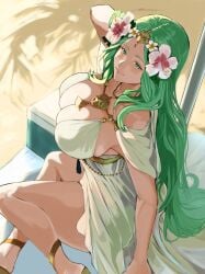 1girl 1girls alternate_costume big_breasts bikini blush breasts cleavage closed_mouth crossed_legs fire_emblem fire_emblem:_three_houses fire_emblem_heroes flower green_eyes green_hair hair_flower hair_ornament highres large_breasts lips long_hair nintendo official_alternate_costume outdoors pink_lips rhea_(fire_emblem) rhea_(summer)_(fire_emblem) sand shadow smile solo sutekina_yari swimsuit thighs very_long_hair white_bikini white_swimsuit