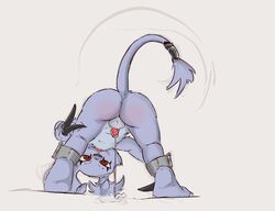 anthro ass backsack balls bent_over breadofbitterness butt_blush cuffs cute_fangs digimon dripping flaccid furry gazimon holding_leg looking_through_legs male male_only mammal penis precum raised_tail solo spread_legs spreading