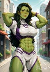1girls abs ai_generated ass big_ass big_breasts breasts female female_only green_hair green_skin hulk_(series) jennifer_walters large_breasts marvel marvel_comics muscles muscular muscular_arms muscular_female she-hulk solo solo_female thick_thighs