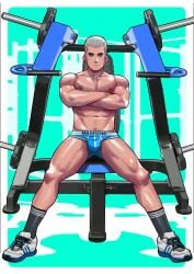 1boy abs arms_crossed bulge frown frowning_at_viewer grey_hair gym gym_equipment legs_apart looking_at_viewer male male_only maorenc muscular nipples original_character pecs pubic_hair shoes sitting socks socks_and_shoes solo solo_male topless treasure_trail underwear unimpressed