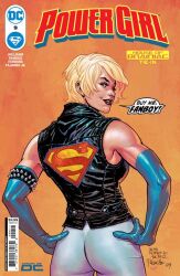 1girls alien ass black_jacket blonde_hair blue_eyes blue_gloves butt butt_crack comic comic_cover dc dc_comics dialogue_bubble eduardo_pansica fanservice fit_female gloves hand_on_head jacket kara_zor-l karen_starr kryptonian official_alternate_costume official_art power_girl red_lipstick seductive sleeveless_jacket smile superheroine superman_(series) text_bubble tittle