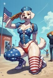 2024 4th_of_july ai_generated american_flag anthro breasts canid canine canine carnivalecloudmuncher corset domestic_dog female furry mammal salute self_upload solo tagme white_body white_fur